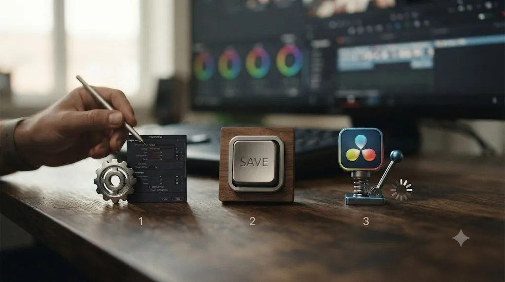 Illustration of the three-step shake-up sequence for clearing DaVinci Resolve's disk cache warning