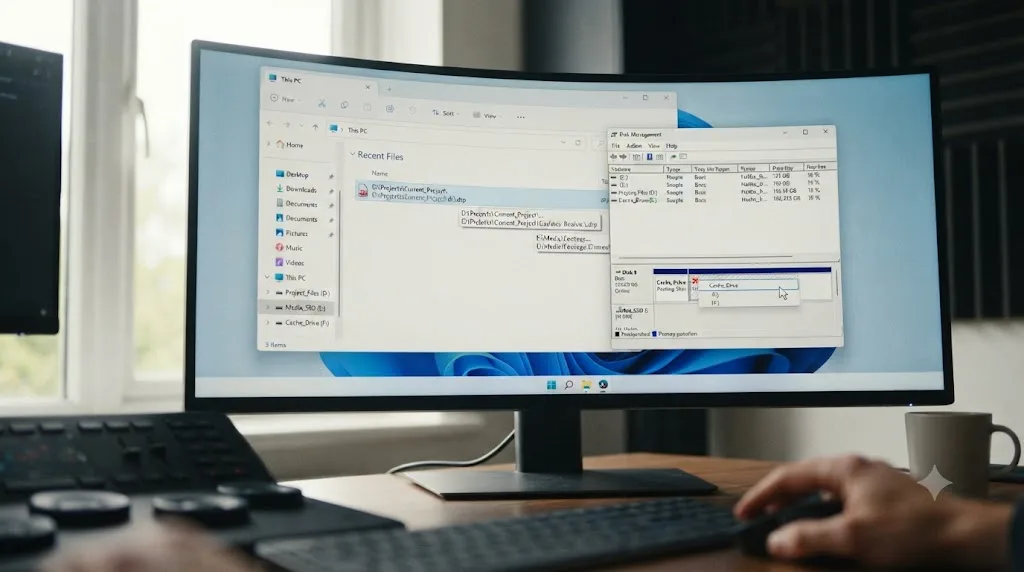 Illustration of a Windows drive letter mismatch being fixed for DaVinci Resolve's cache files location