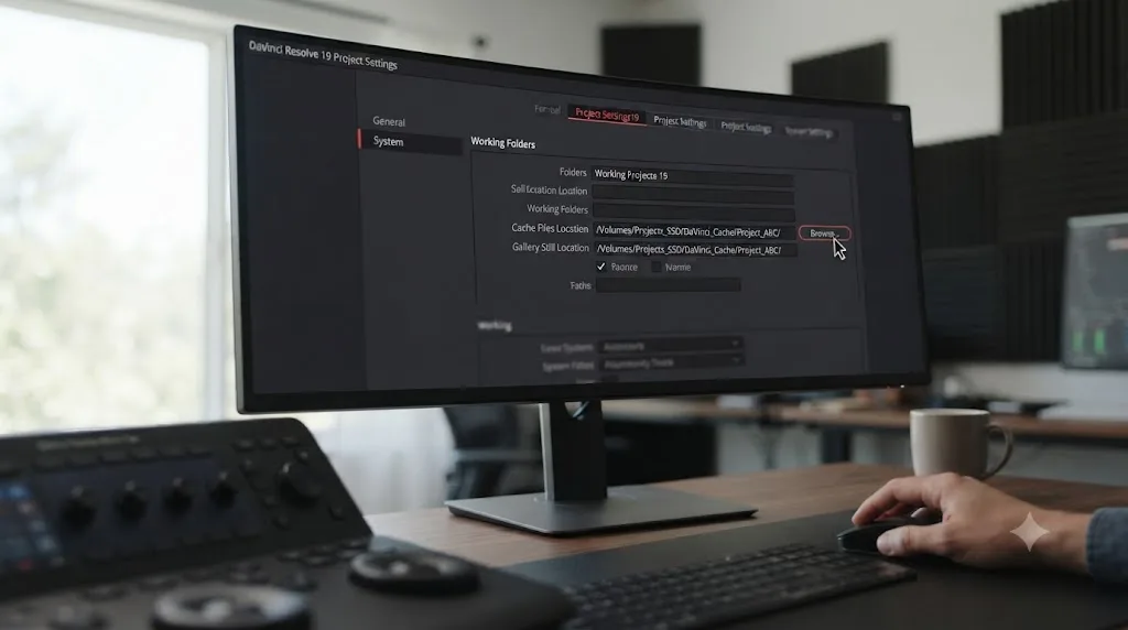 Illustration of DaVinci Resolve's Working Folders panel with the Cache Files Location being reset to a valid folder