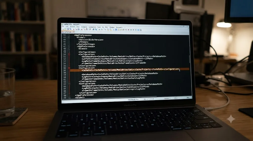Illustration of a plain text editor with a DaVinci Resolve Config2.XML file open to a single cache path entry