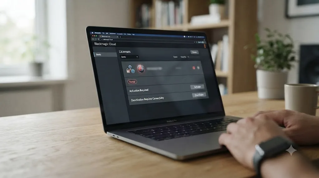 Illustration of a Blackmagic Cloud dashboard showing a DaVinci Resolve Studio rental seat requiring connectivity to activate and deactivate