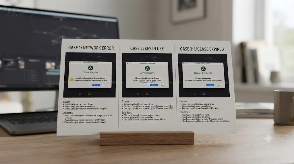 Illustration of a comparison chart distinguishing three similar DaVinci Resolve license error messages
