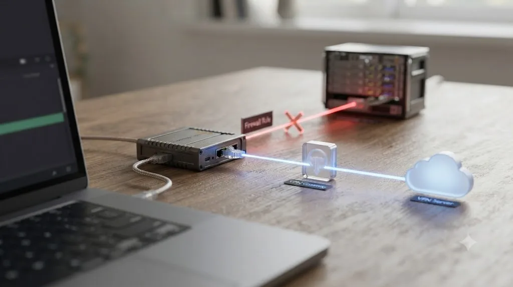 Illustration of a corporate office network diagram showing a firewall blocking a DaVinci Resolve activation request while a VPN tunnel succeeds