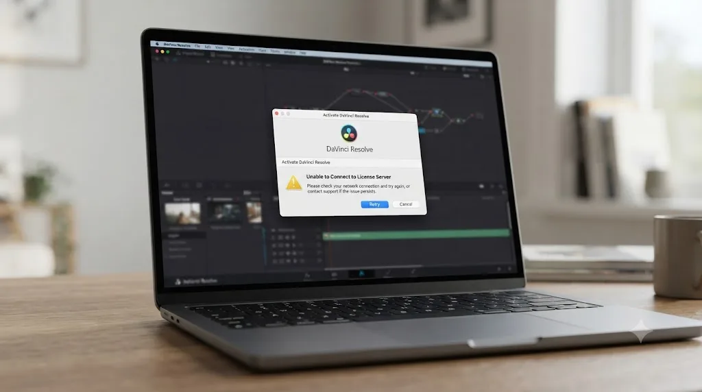 Illustration of a DaVinci Resolve activation window displaying an unable to connect to license server error