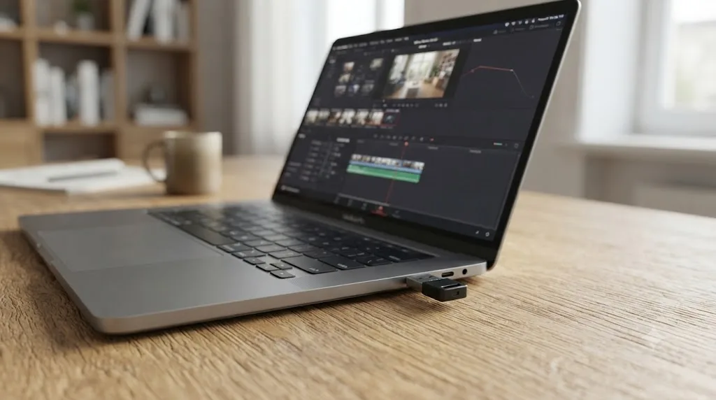 Illustration of a USB dongle plugged into a laptop running DaVinci Resolve Studio with no active network connection