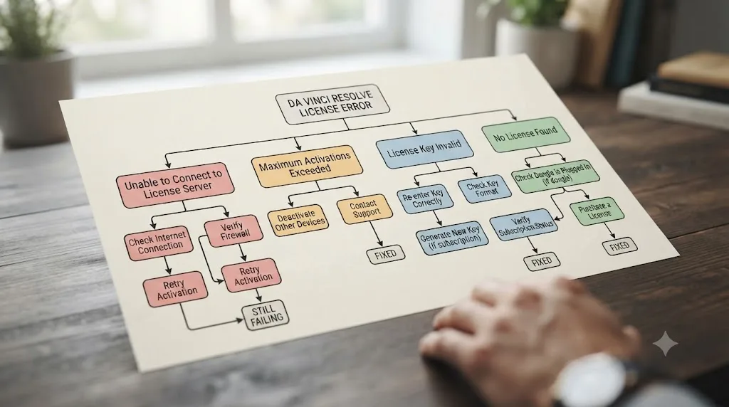 Illustration of a decision tree flowchart distinguishing four different DaVinci Resolve licensing errors by their exact wording