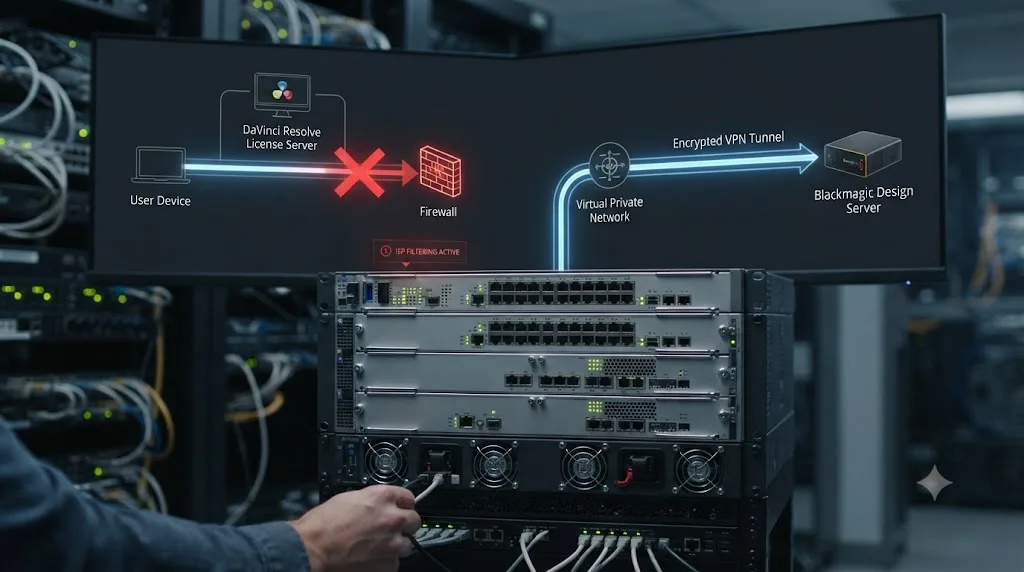Illustration of an internet service provider's router blocking a DaVinci Resolve activation request while a VPN reaches Blackmagic's server