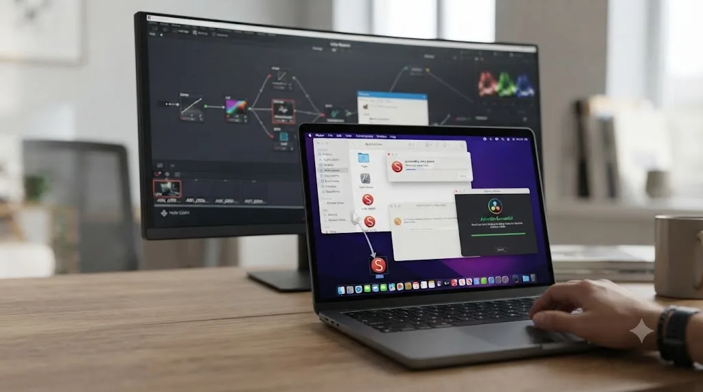 Illustration of a Mac screen showing a network monitoring application being uninstalled to unblock DaVinci Resolve activation