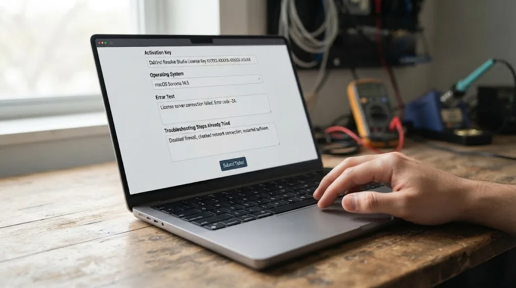 Illustration of a support ticket form being submitted with an activation key, operating system, and troubleshooting steps already tried