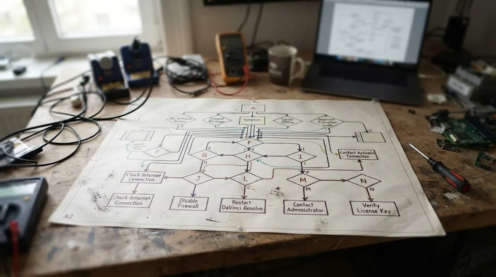Illustration of a troubleshooting flowchart mapping different license server connection symptoms to their correct fixes