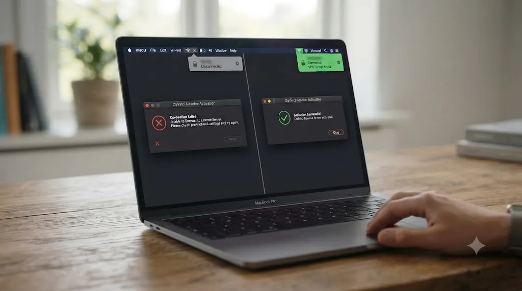 Illustration of a laptop switching from a blocked network connection to a successful VPN tunnel for DaVinci Resolve activation