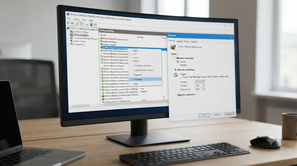 Illustration of a Windows Defender Firewall advanced settings window showing an outbound rule for DaVinci Resolve being changed to allow