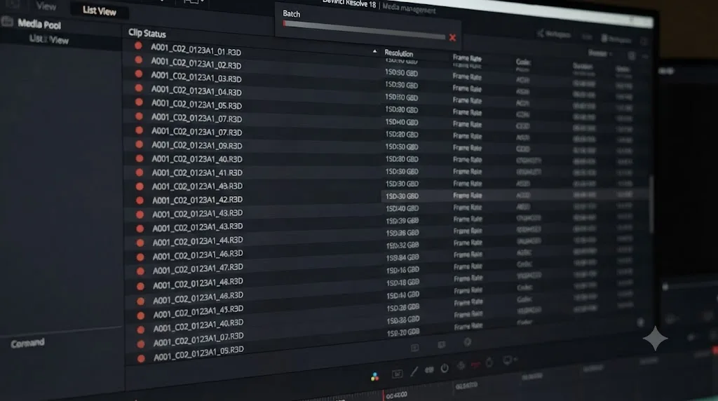 Illustration of a single problem clip highlighted among many others during a DaVinci Resolve batch optimized media job
