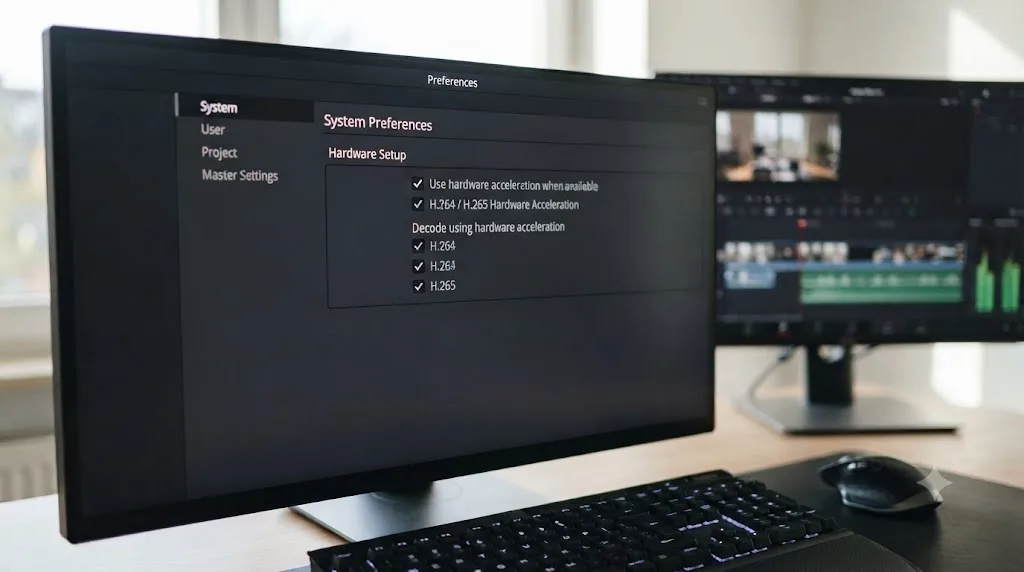 Illustration of DaVinci Resolve's Decode Options preferences panel with hardware acceleration being toggled for a specific codec