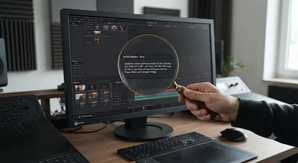 Illustration of a magnifying glass examining the exact wording of a DaVinci Resolve optimized media error dialog