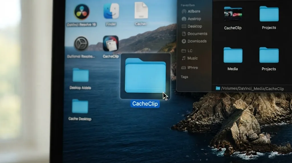 Illustration of a DaVinci Resolve CacheClip folder icon with permissions being changed from read-only to full access