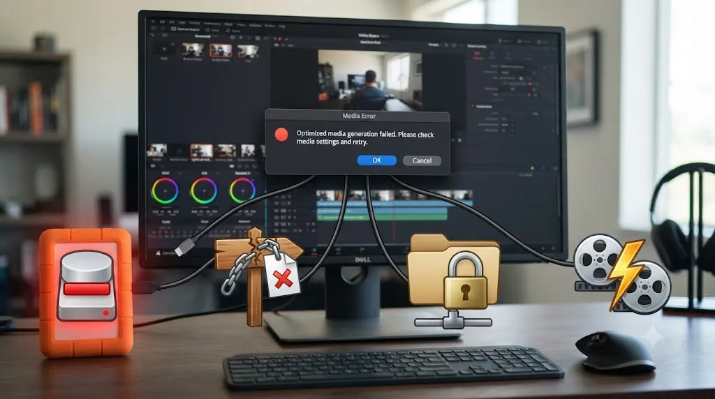 Illustration of four causes, a full drive, broken path, locked folder, and codec conflict, leading to the same DaVinci Resolve optimized media error