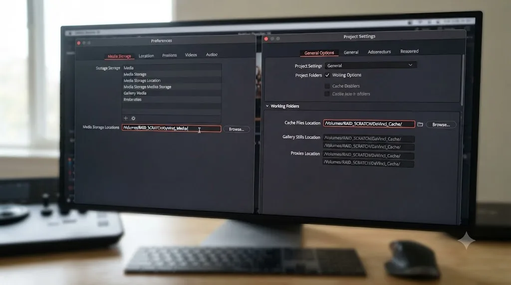 Illustration of DaVinci Resolve's Media Storage preferences and Working Folders settings being checked for a broken cache path