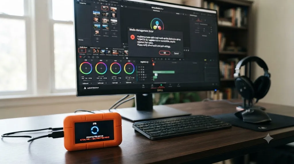 Illustration of a hard drive showing mismatched reported and actual free space during a DaVinci Resolve cache error