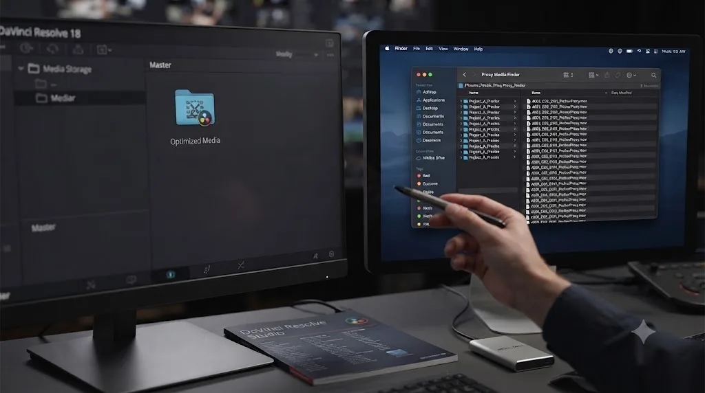 Illustration comparing DaVinci Resolve's managed optimized media cache against a browsable proxy media folder