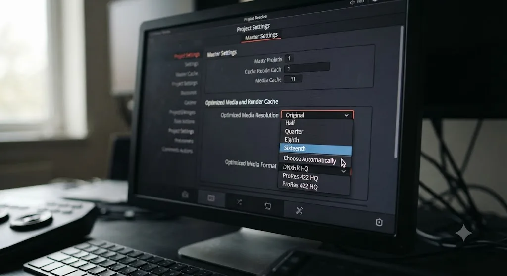 Illustration of DaVinci Resolve's optimized media resolution and format settings being changed from sixteenth to choose automatically