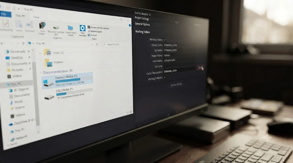 Illustration of a Windows drive letter mismatch being compared against DaVinci Resolve's cache files location setting