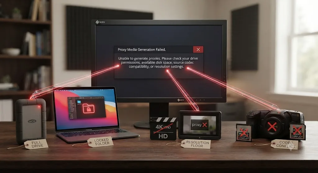 Illustration comparing a variable frame rate smartphone file failing to transcode against a stable DNxHR proxy build in DaVinci Resolve