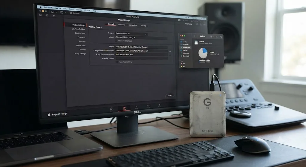 Illustration of DaVinci Resolve's Proxy Generation Location setting next to a drive with mismatched reported free space