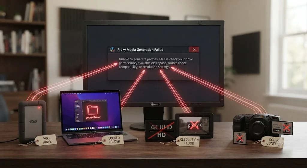 Illustration of four causes, a full drive, locked folder, resolution limit, and codec conflict, leading to the same DaVinci Resolve proxy generation error