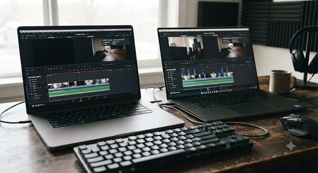 Illustration comparing hardware H.265 decode availability between free DaVinci Resolve on Windows and Mac