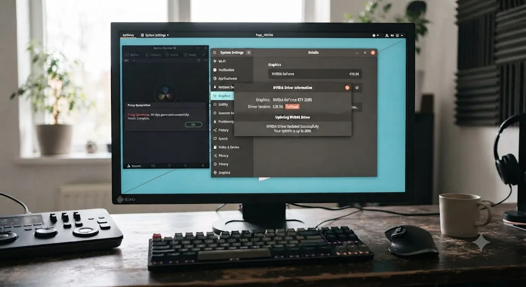 Illustration of a Linux desktop updating an NVIDIA GPU driver before retrying DaVinci Resolve proxy generation