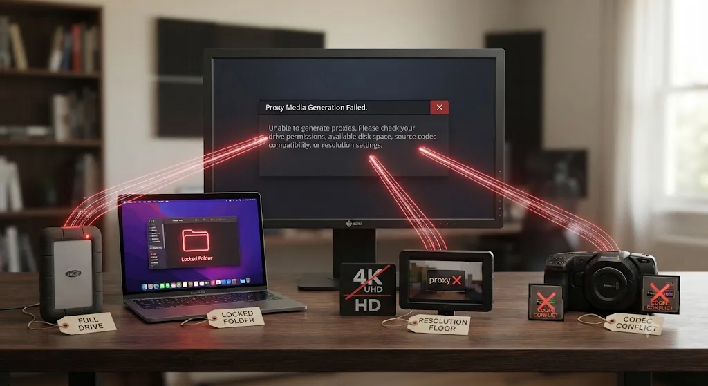 Illustration of macOS Full Disk Access and Disk Utility First Aid being checked for a DaVinci Resolve proxy generation error