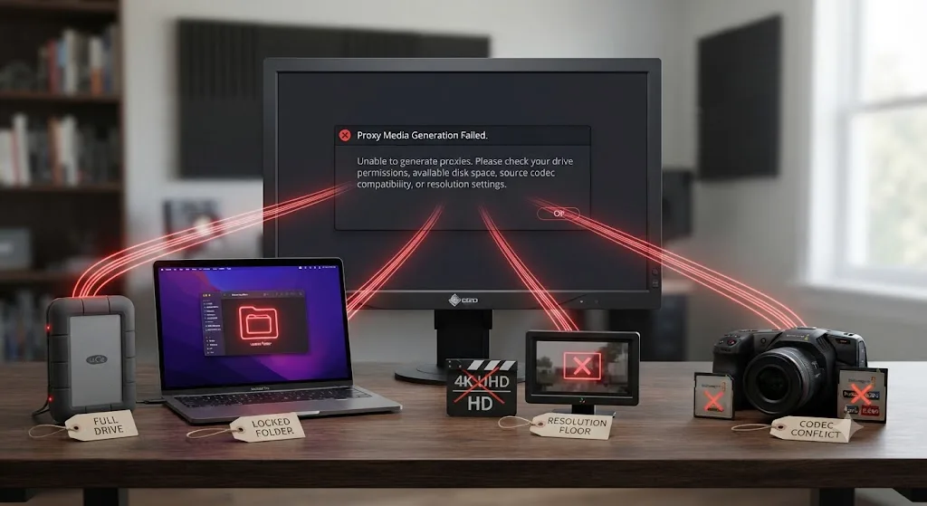 Illustration of a DaVinci Resolve proxy folder icon with permissions being changed from read-only to full access