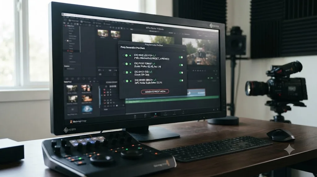 Illustration of a pre-generation checklist for DaVinci Resolve proxy media covering drive, format, batch size, and driver checks