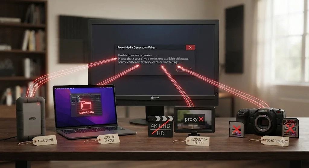 Illustration comparing a browsable DaVinci Resolve proxy media folder against the managed optimized media cache