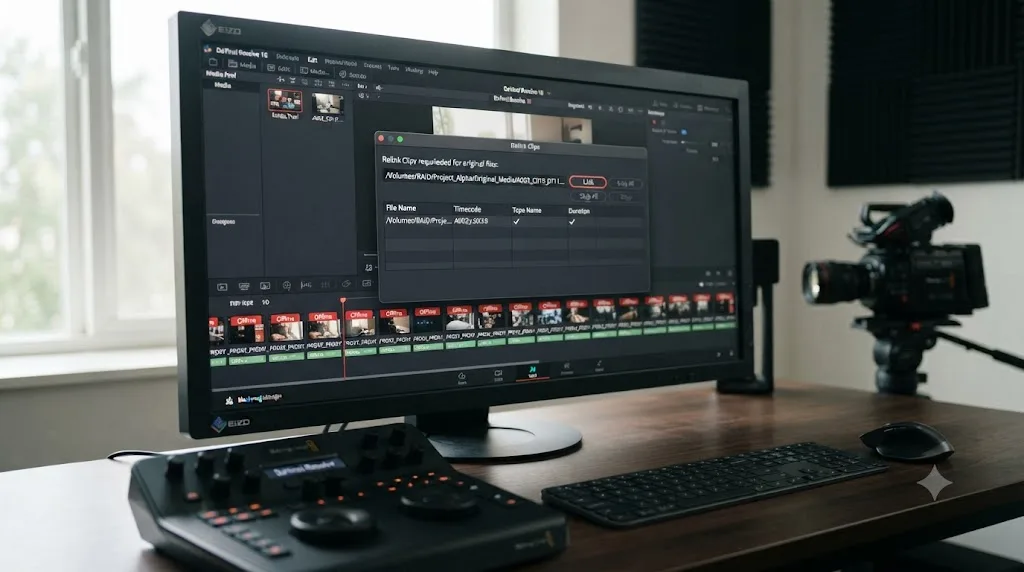 Illustration of a DaVinci Resolve proxy timeline failing to relink to original camera files despite matching metadata
