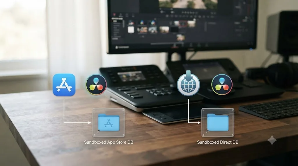 Illustration of two DaVinci Resolve install methods pointing at separate sandboxed database folders