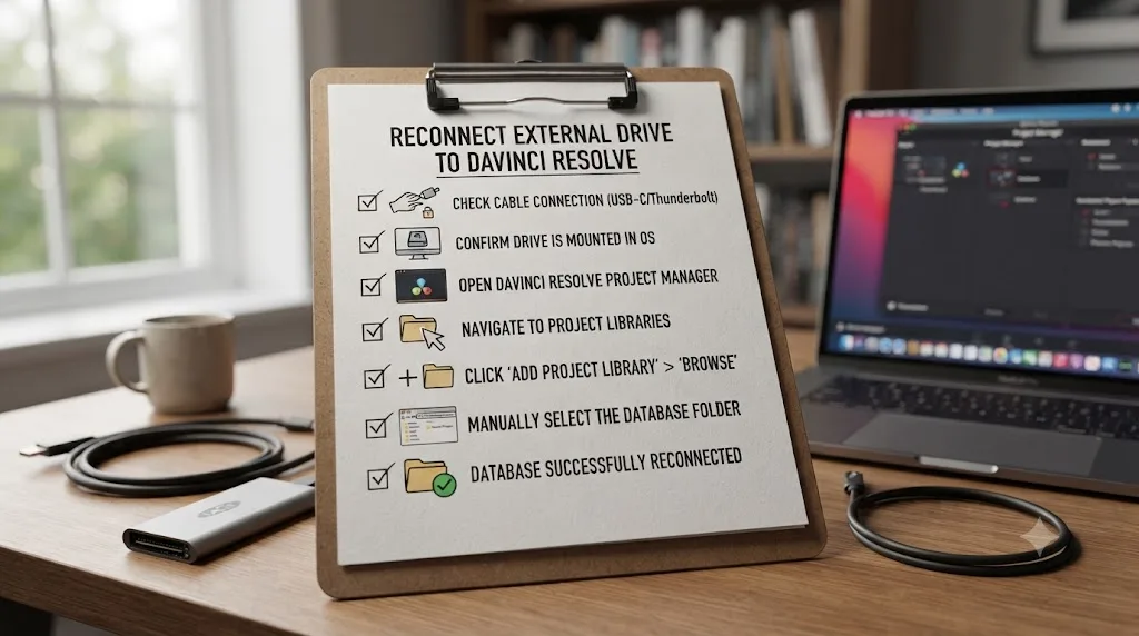 Illustration of a numbered checklist for reconnecting an external drive to DaVinci Resolve's project database