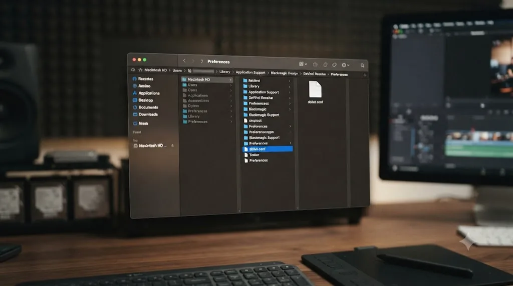 Illustration of a file browser highlighting the dblist.conf file inside DaVinci Resolve's preferences folder
