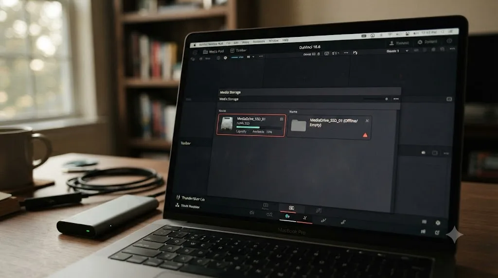Illustration of a DaVinci Resolve media storage list showing a real drive and a duplicated empty drive entry