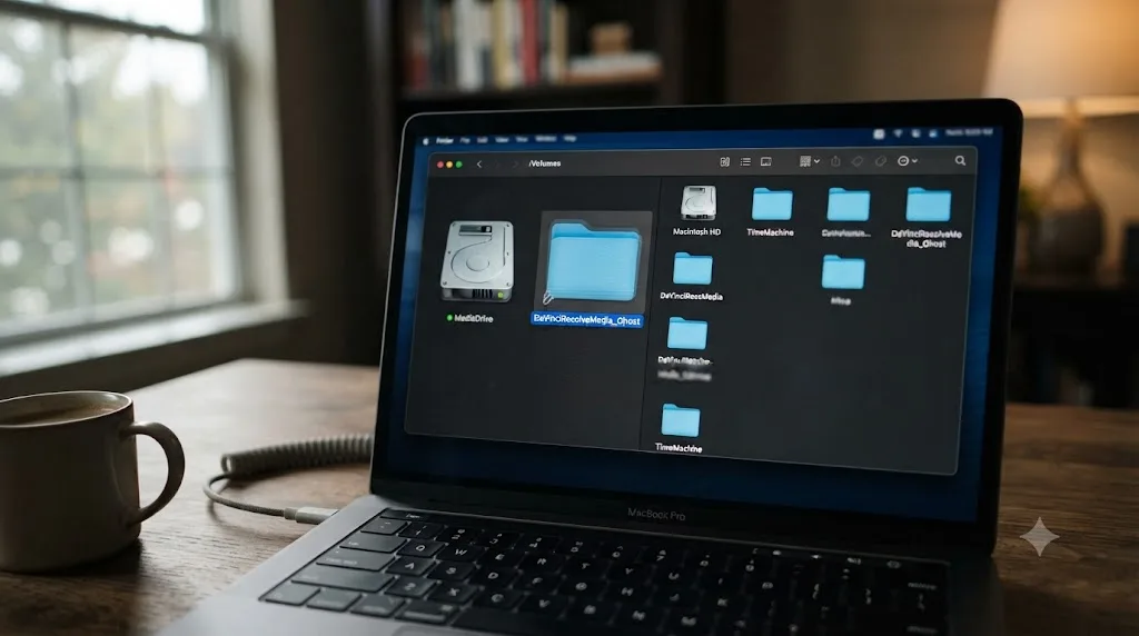 Illustration of a Finder window highlighting a ghost mount point folder beside a real external drive icon