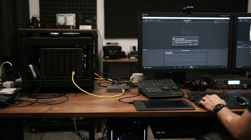 Illustration of a NAS device and a DaVinci Resolve workstation with a failed network connection between them