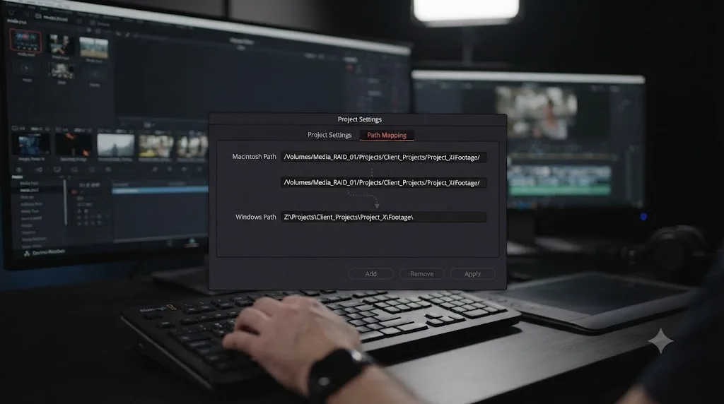 Illustration of a DaVinci Resolve Path Mapping settings panel linking a Mac path and a Windows path