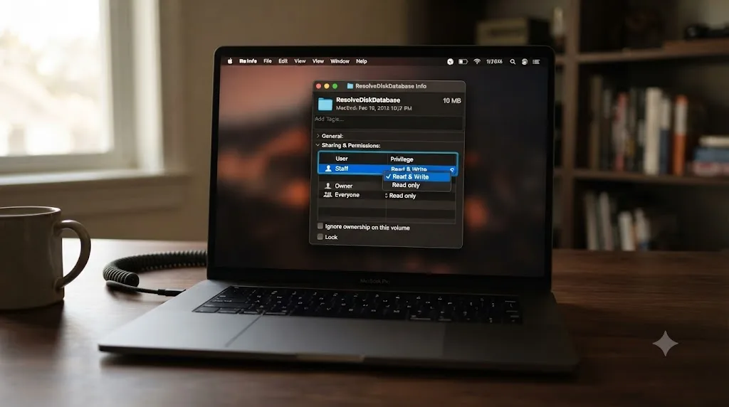 Illustration of a folder permissions dialog for a DaVinci Resolve Disk Database with read and write access highlighted