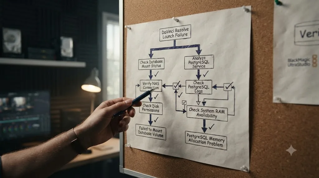 Illustration of a flowchart splitting a DaVinci Resolve launch failure into a mount problem and a PostgreSQL memory problem