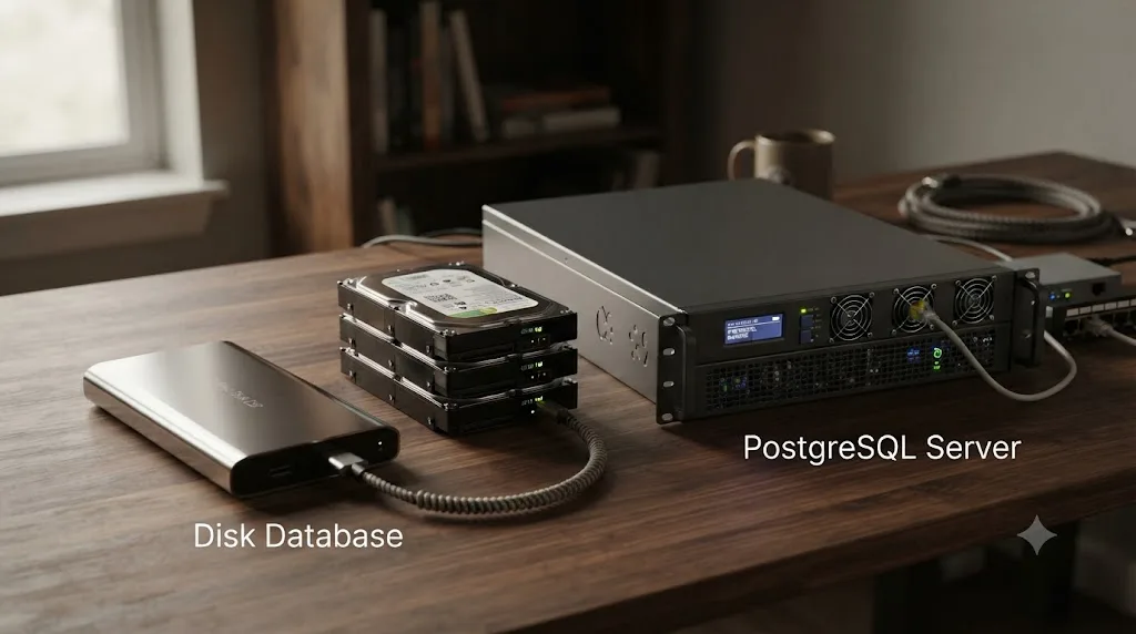 Illustration comparing a DaVinci Resolve Disk Database folder and a PostgreSQL server as two separate database structures