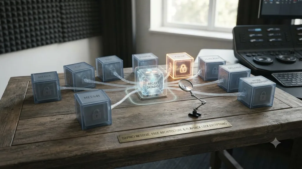 Illustration of DaVinci Resolve's pages as separate modules sharing one project database, with the Color page highlighted