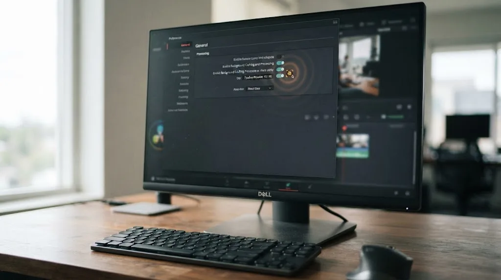 Illustration of DaVinci Resolve's Background Processing preference toggle with an intelligent pause indicator