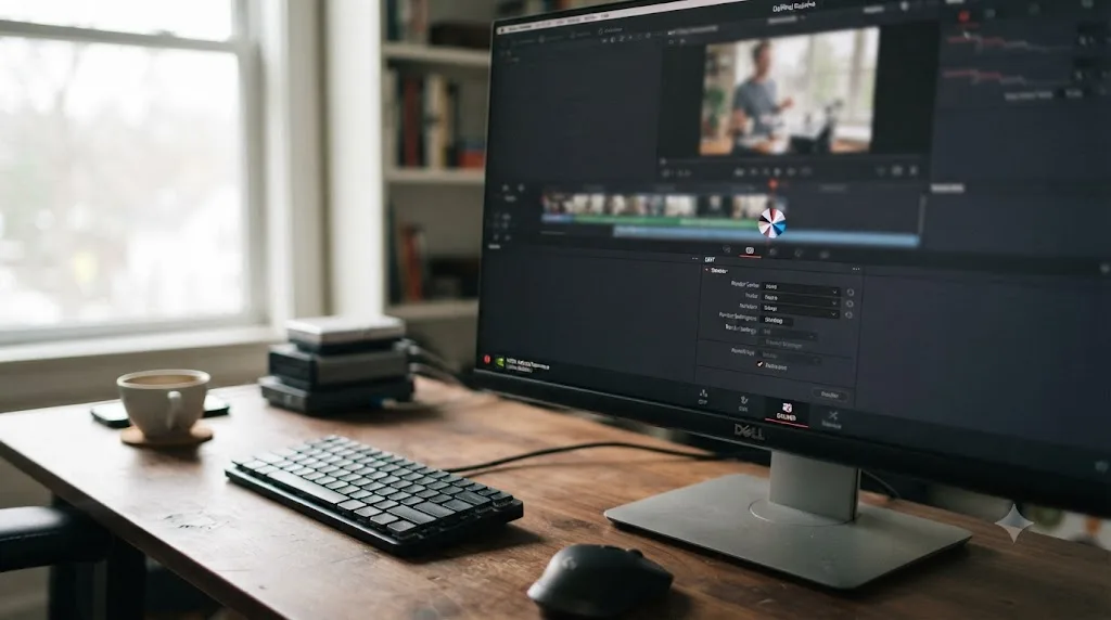 Illustration of a DaVinci Resolve window freezing while switching from the Edit page to the Deliver page