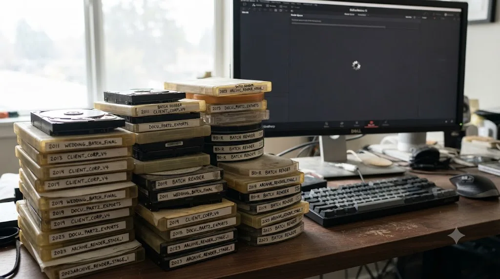 Illustration of a stack of old DaVinci Resolve Batch Renders folders slowing the switch to the Deliver page
